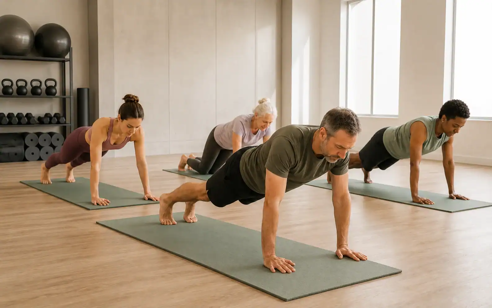 Client holding a plank during a Power and Flow class